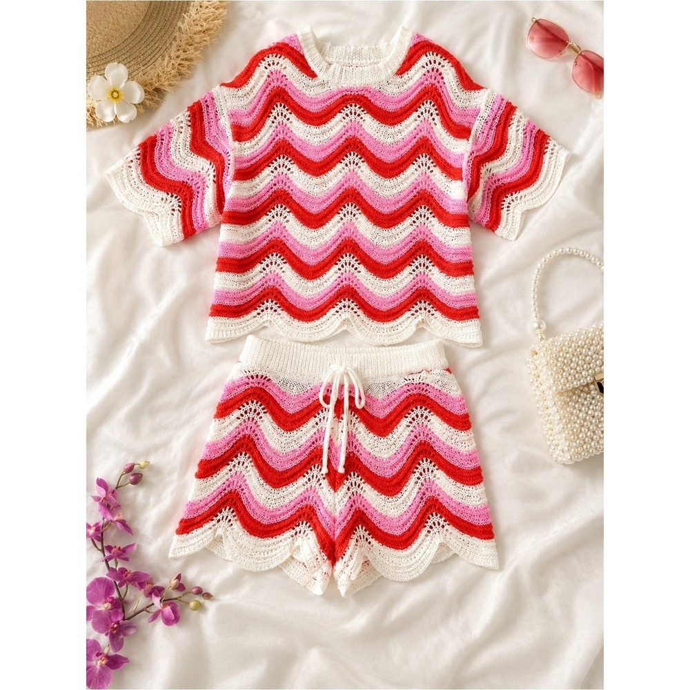Vacation beach Set Crochet Wave Knit Two-Piece Set in Red, Pink & White S
